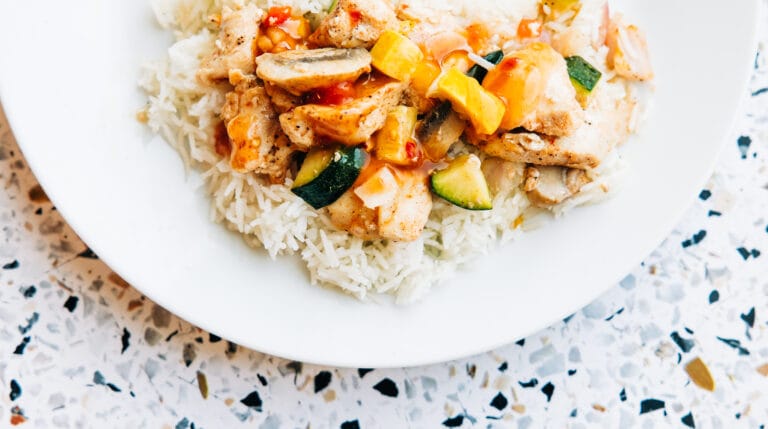 sweet chili chicken or shrimp veggie sheet pan meal