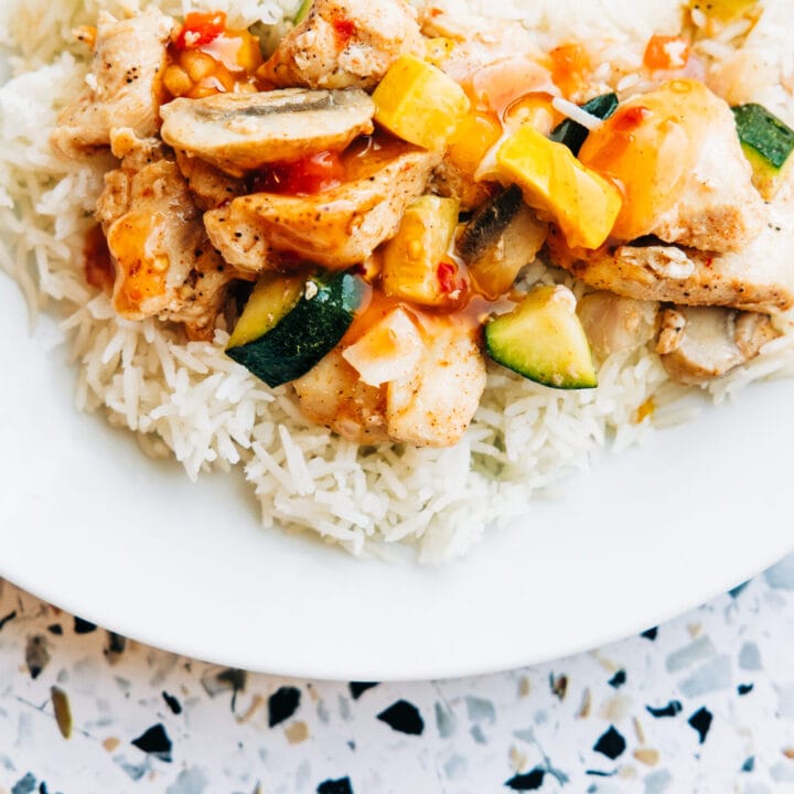 sweet chili chicken or shrimp veggie sheet pan meal