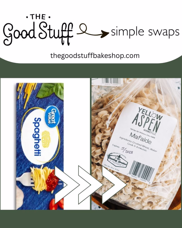 A 'Better Than' swap comparing conventional enriched pasta to unenriched organic pasta to avoid synthetic folic acid and prioritize natural grain nutrients.