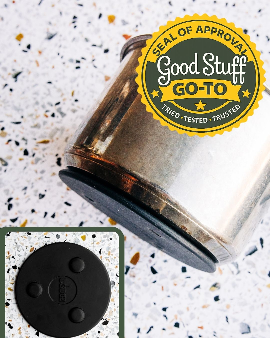 Lodge magnetic trivet attached to the bottom of a stainless steel pot on a clean kitchen counter.